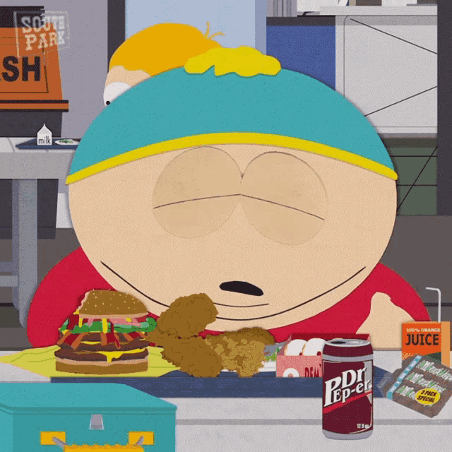 a cartoon character from south park is eating a hamburger