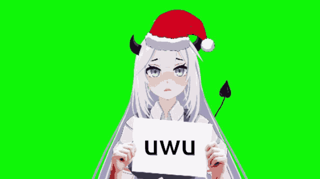a girl wearing a santa hat holds a sign that says uwu