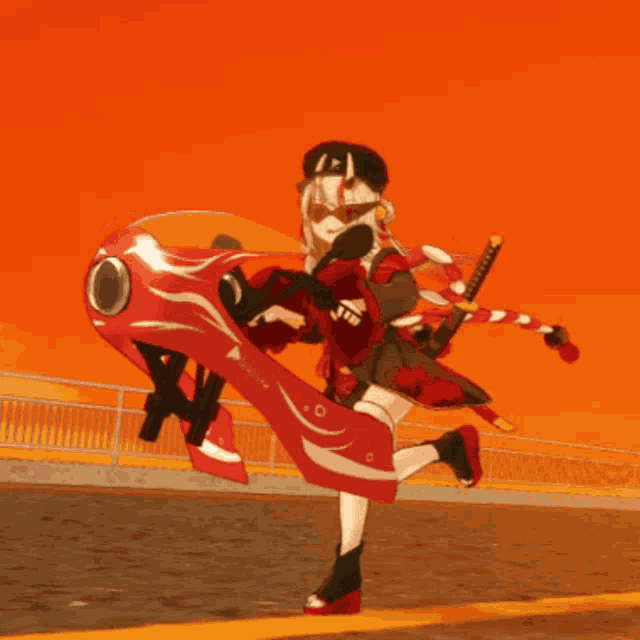 a cartoon character with a sword and a motorcycle