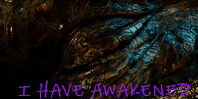 a close up of a dragon 's eye with the words " i have awakened " above it