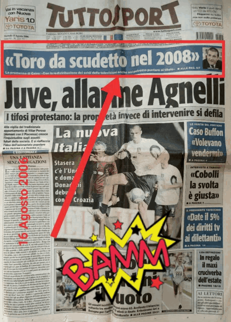 the front page of a tuttosport newspaper with an arrow pointing to the top
