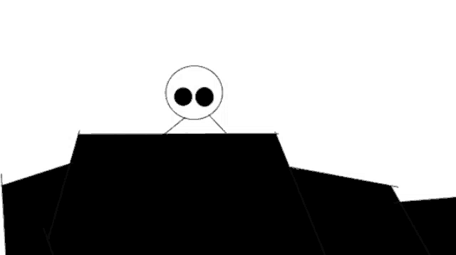a black and white drawing of a stick figure with two eyes standing on top of a black object .