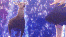 a deer is standing next to a woman in a blue dress in a dark room .