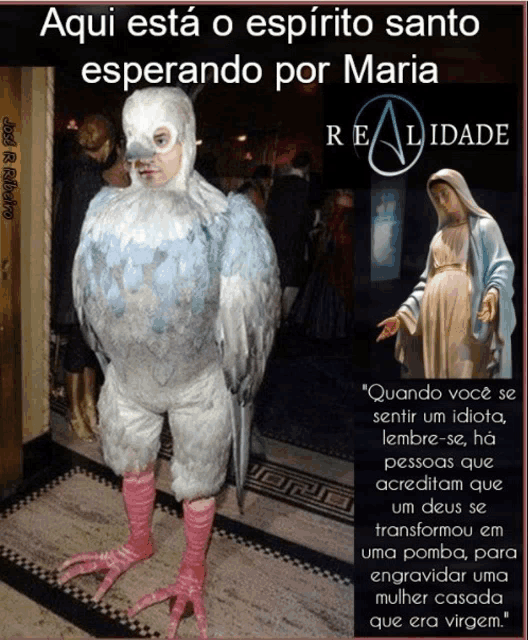 a picture of a man dressed as a pigeon with the words aqui esta o espírito santo esperando por maria
