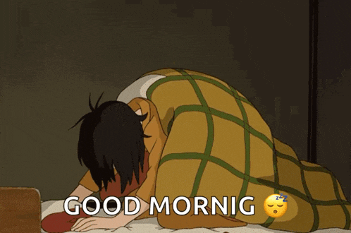a cartoon of a person laying on a bed with the words " good mornig " on the bottom