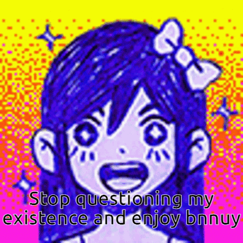 a drawing of a girl with a bow on her head and the words `` stop questioning my existence and enjoy bnnuy '' .