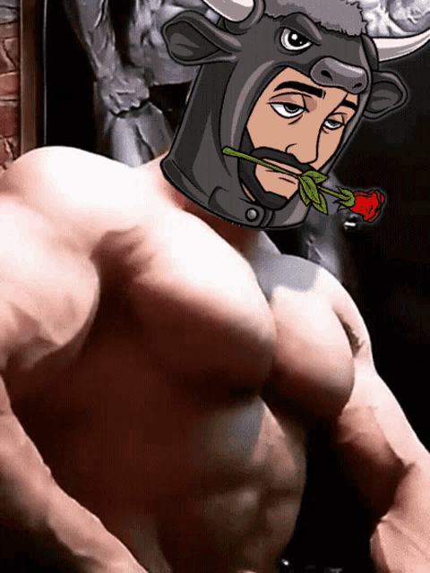 a cartoon of a man wearing a bull helmet with a red rose in his mouth