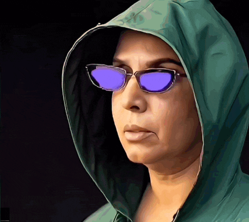 a woman wearing purple sunglasses and a green hood