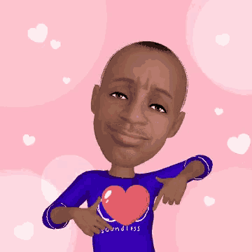 a cartoon man wearing a purple shirt that says boundless