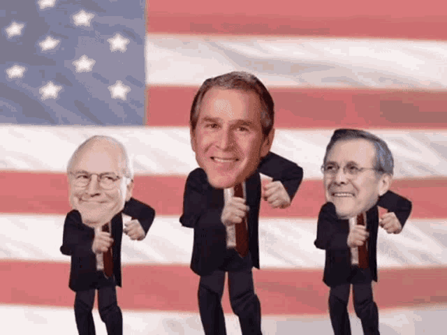 three men in suits and ties are dancing in front of a flag