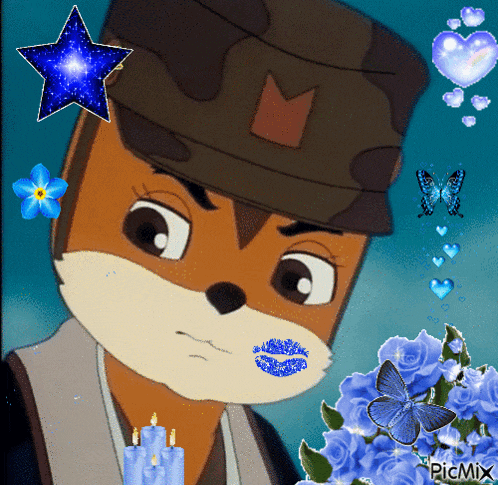 a picture of a fox with blue flowers and butterflies and the words picmix on the bottom
