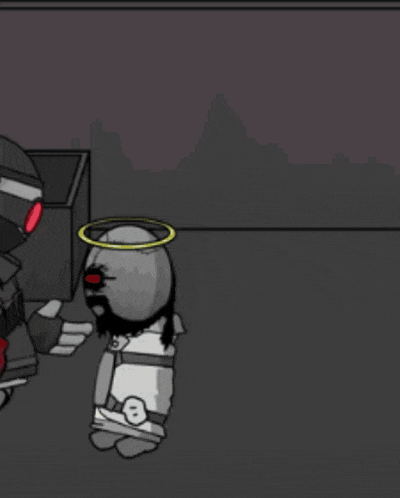 a cartoon character with a halo on his head and a gun
