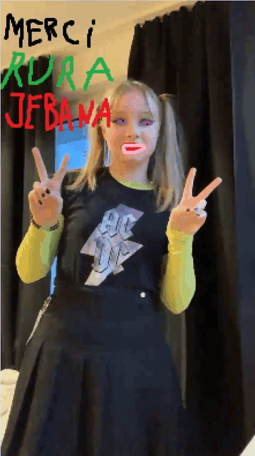 a girl giving a peace sign with the words merci kura jebana written above her