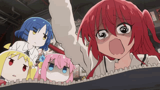 a group of anime characters are looking at something and one of them is making a funny face