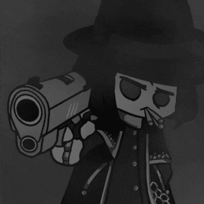 a cartoon character is holding a gun with the letter b on his face