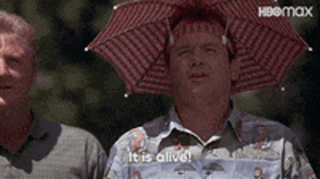 a man is wearing an umbrella on his head and says it is alive