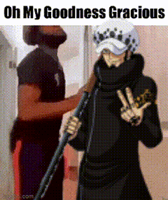 a man is standing next to a man holding a sword and a sign that says `` oh my goodness gracious ''