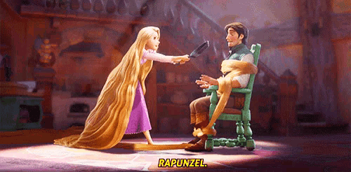 rapunzel is standing next to a man sitting in a chair holding a sword .