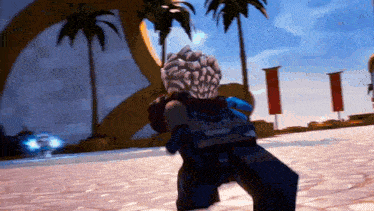 a video game character is standing in front of a building with palm trees in the background