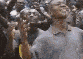 a group of people are standing in a crowd with their hands up .