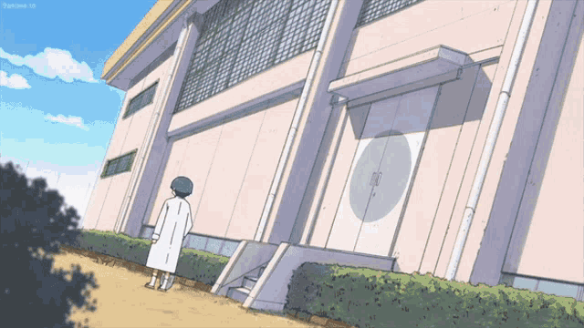 a man in a white coat stands in front of a building that says ' sanime.tv ' on the bottom