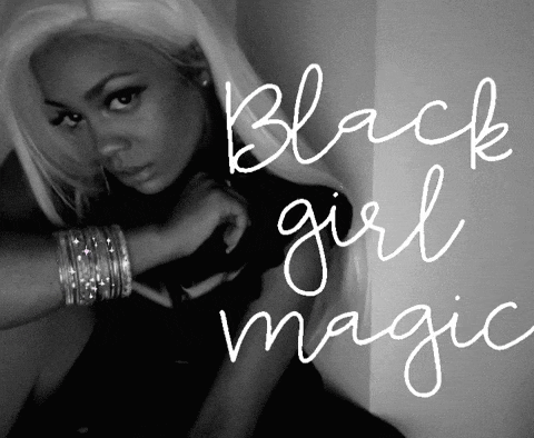a black and white photo of a woman with the words black girl magic on the bottom