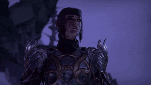 a woman in armor with a purple background