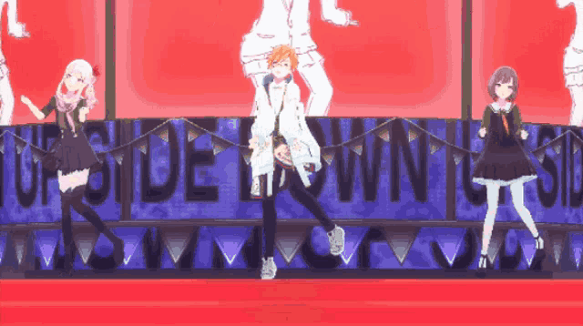 a group of anime characters are dancing on a stage with the words upside down behind them