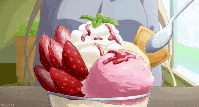 a bowl of ice cream with strawberries and whipped cream is being eaten with a spoon