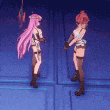 two anime girls standing next to each other on a blue wall
