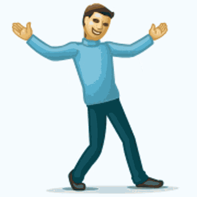 a man in a blue sweater and blue pants is standing with his arms outstretched