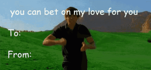 a valentine 's day card with a man running in a grassy field