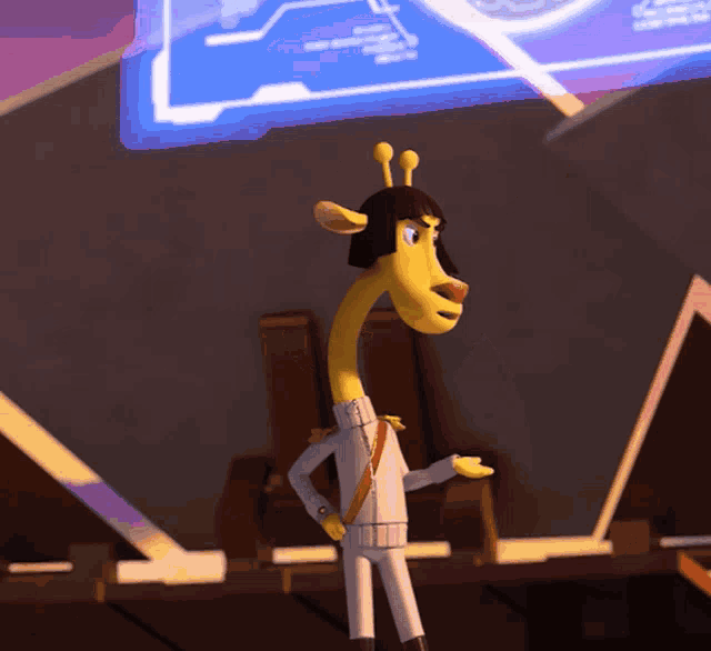 a cartoon giraffe wearing a suit and tie stands in front of a blue screen