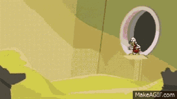 a cartoon of a man jumping through a hole in a wall .