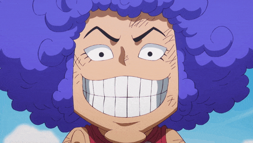 a cartoon character with a big smile and a purple afro