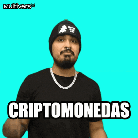 a man wearing a beanie and a necklace says " cryptomonedas " on a green background