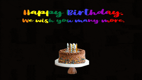 a birthday cake with candles and the words happy birthday we wish you many more below it