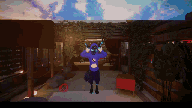 a furry character is standing in a room with a no smoking sign on the ground