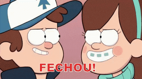 a couple of cartoon characters standing next to each other with the words fechou written in red