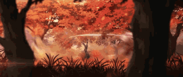 a painting of a person standing in a forest with a sword
