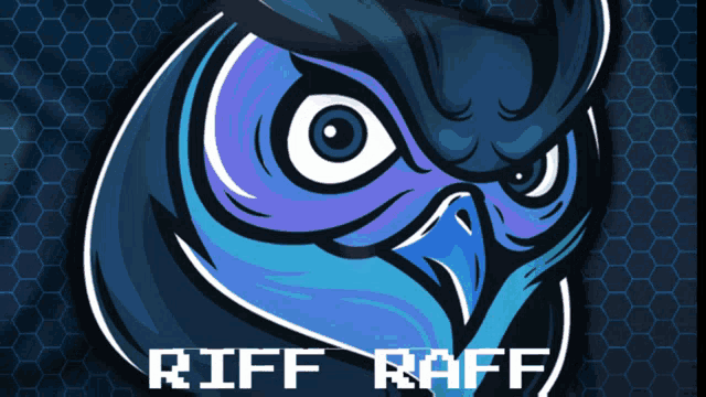 a blue and purple owl with the name riff raff