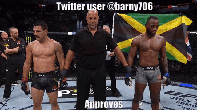 two fighters are standing next to each other with the twitter user @ barny706 approves
