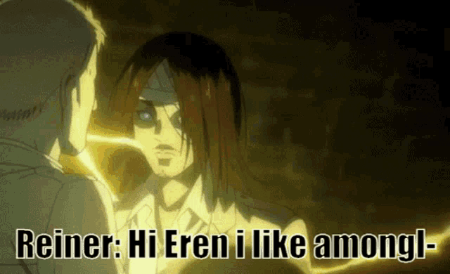 a man with a bandage on his head is talking to another man with the words reiner hi eren i like amongl