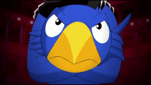a blue bird with a yellow beak is making a funny face