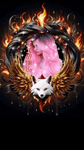 a woman with pink hair is surrounded by a wolf with wings and the name jiwel on the bottom