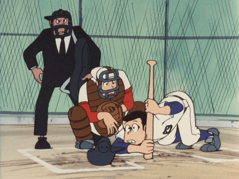a cartoon of a baseball game with a catcher wearing a helmet with the letter h on it