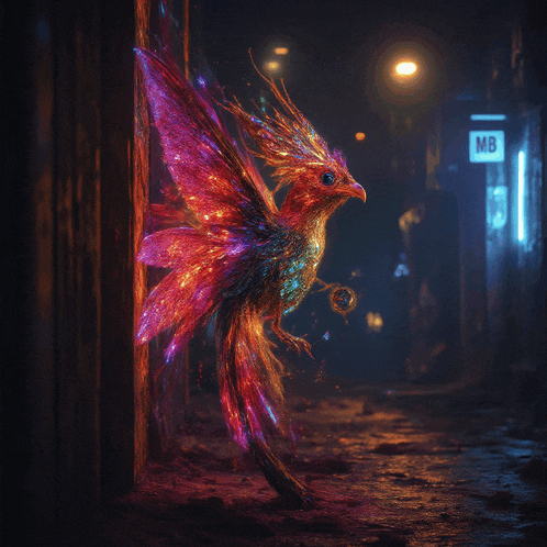 a colorful bird is standing in a dark alley next to a mb sign