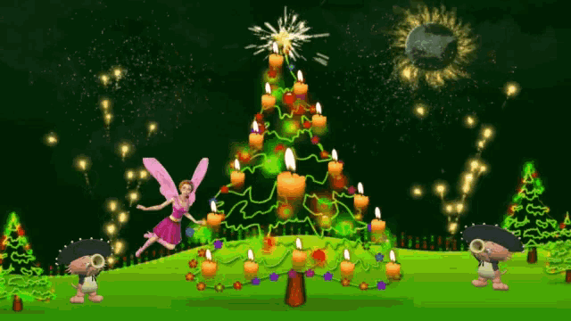 a fairy is flying over a christmas tree with candles on it