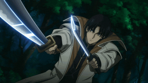 a man is holding two swords in his hands
