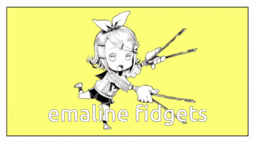 a black and white drawing of a girl holding a pair of fidgets with the words " emaline fidgets " below it